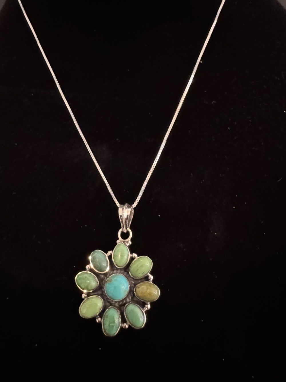 Sterling Silver Green Turquoise Flower Pendant Necklace - Picture 2 of 5